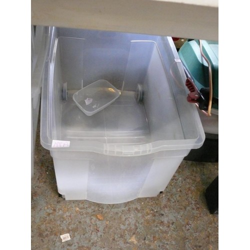 188A - 5 LARGE PLASTIC STORAGE TUBS 1 WITH LID AND 2 ON WHEELS