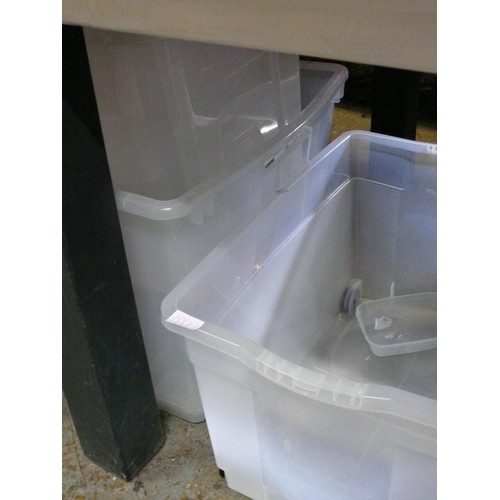 188A - 5 LARGE PLASTIC STORAGE TUBS 1 WITH LID AND 2 ON WHEELS