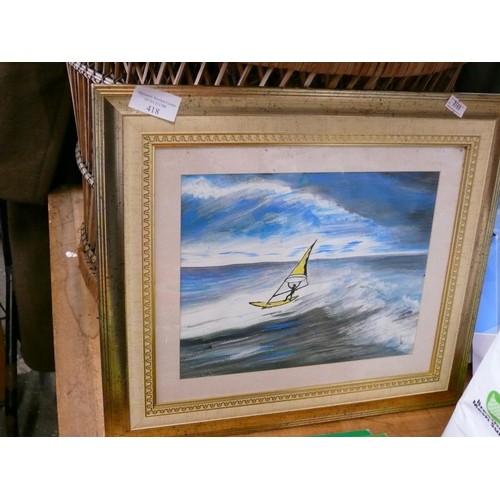 418 - FRAMED AND GLAZED WATER COLOUR OF WINDSURFER