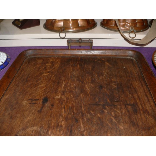 66 - A LARGE OAK TEA TRAY WITH BRASS FERRULES TO THE HANDLES