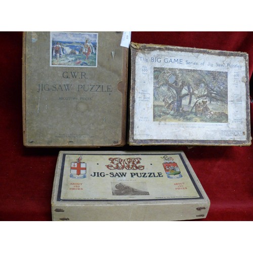 69 - 3 VINTAGE JIGSAW PUZZLES INCLUDING 1 BY GREAT WESTERN RAILWAYS, 1 BY GWR. INCLUDING BIG GAME, THE DI... 