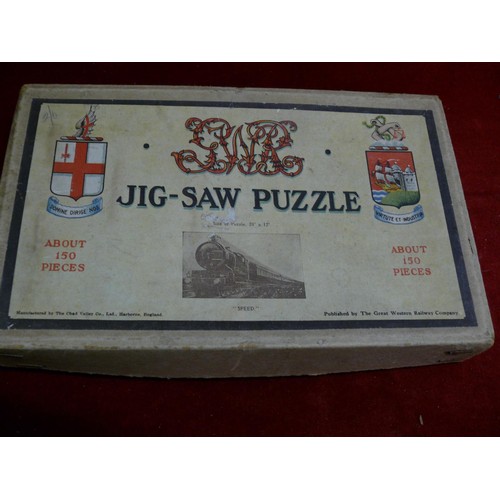 69 - 3 VINTAGE JIGSAW PUZZLES INCLUDING 1 BY GREAT WESTERN RAILWAYS, 1 BY GWR. INCLUDING BIG GAME, THE DI... 