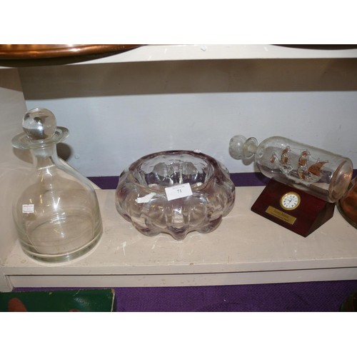 71 - A LOVELY THOMAS WEBB AMETHYST CRYSTAL GLASS BOWL ALONG WITH A  GLASS DECANTER AND A SHIP IN A BOTTLE... 