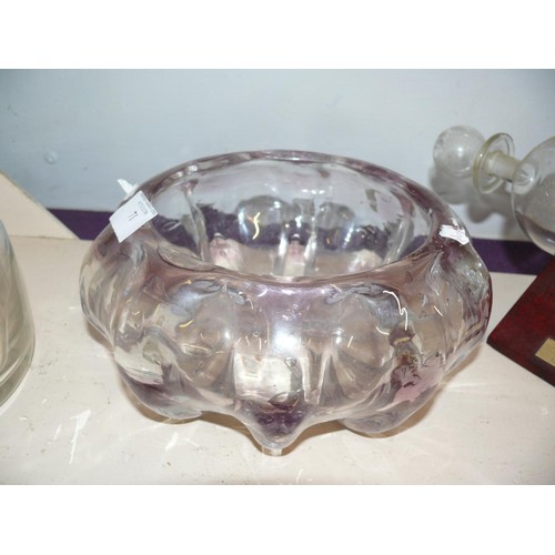 71 - A LOVELY THOMAS WEBB AMETHYST CRYSTAL GLASS BOWL ALONG WITH A  GLASS DECANTER AND A SHIP IN A BOTTLE... 