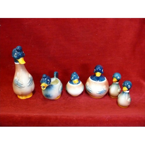 3 - A SET OF GOEBEL PORCELAIN DUCKS , A CRUET SET SALT PEPPER MUSTARD OIL JAM POT AND A LITTLE DUCK SWIM... 