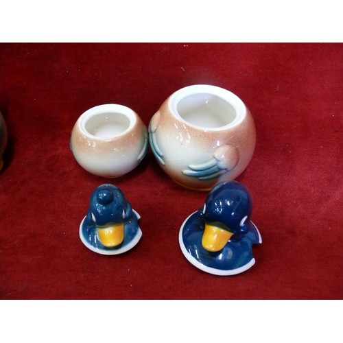 3 - A SET OF GOEBEL PORCELAIN DUCKS , A CRUET SET SALT PEPPER MUSTARD OIL JAM POT AND A LITTLE DUCK SWIM... 