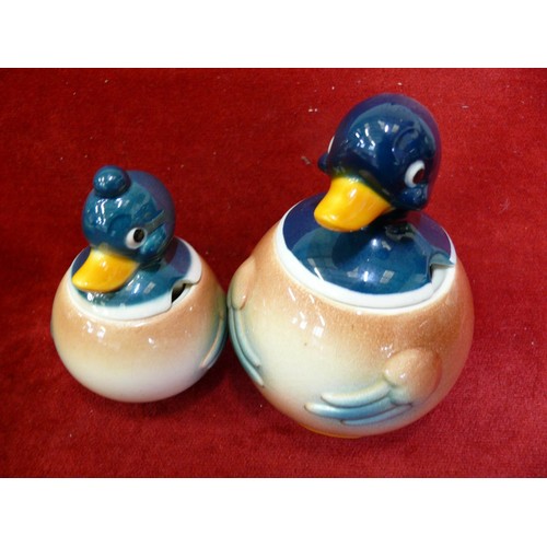 3 - A SET OF GOEBEL PORCELAIN DUCKS , A CRUET SET SALT PEPPER MUSTARD OIL JAM POT AND A LITTLE DUCK SWIM... 