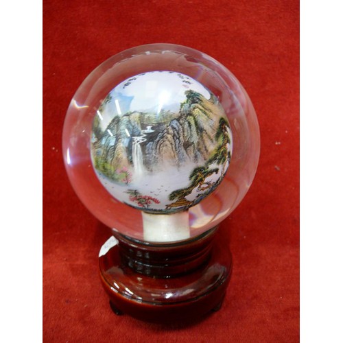 4 - A GLASS SPHERE, PICTURE PAINTED OF A CHINESE LANDSCAPE ON THE INSIDE OF THE SPHERE.  A SPHERE IS BLO... 