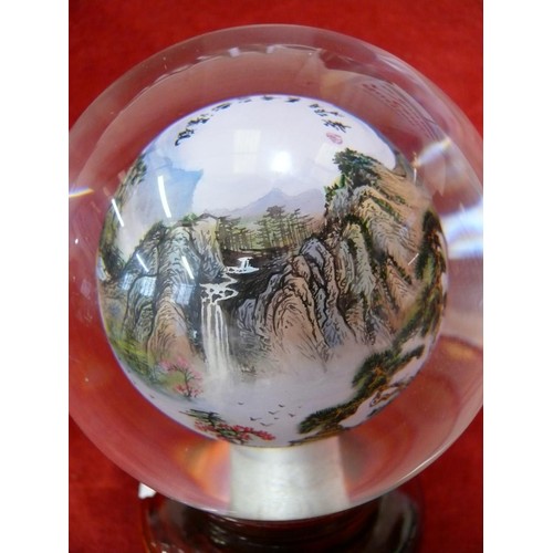 4 - A GLASS SPHERE, PICTURE PAINTED OF A CHINESE LANDSCAPE ON THE INSIDE OF THE SPHERE.  A SPHERE IS BLO... 