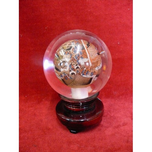 5 - A GLASS SPHERE, PICTURE PAINTED OF A CHINESE GARDEN ON THE INSIDE OF THE SPHERE.  A SPHERE IS BLOWN ... 