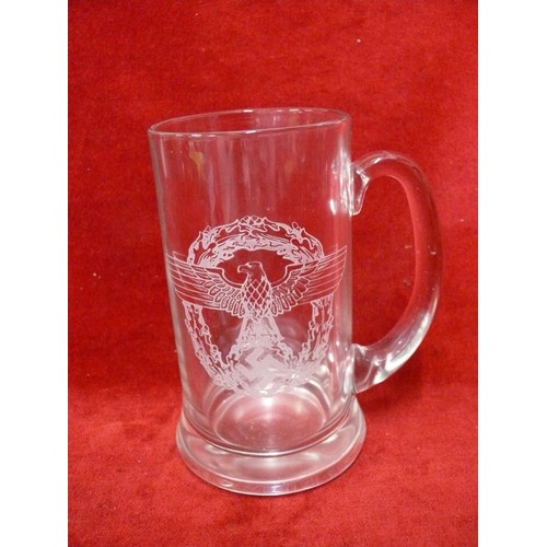 49 - A LARGE GLASS TANKARD WITH THE LUFTWAFFE OFFICAL LUFTWAFFE SYMBOL DURING THE WAR, THE SWASTIKA