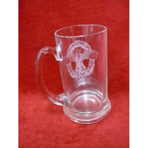 49 - A LARGE GLASS TANKARD WITH THE LUFTWAFFE OFFICAL LUFTWAFFE SYMBOL DURING THE WAR, THE SWASTIKA