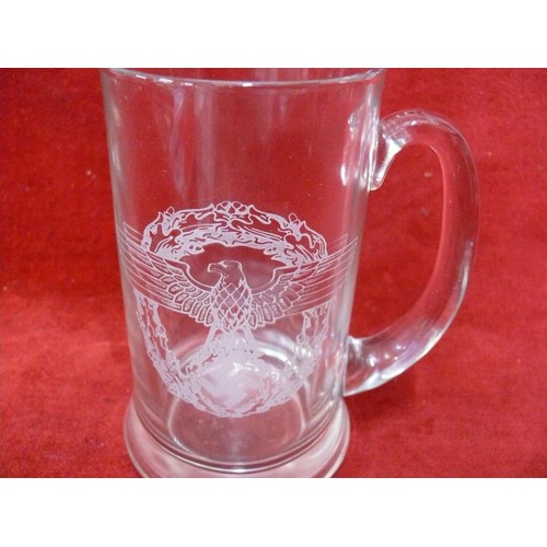 49 - A LARGE GLASS TANKARD WITH THE LUFTWAFFE OFFICAL LUFTWAFFE SYMBOL DURING THE WAR, THE SWASTIKA