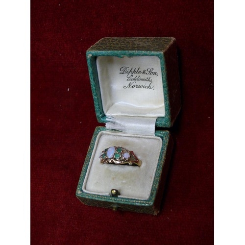 11 - A REALLY BEAUTIFUL 3 FIRE OPAL AND 4 EMERALDS SET IN 9ct GOLD RING. THESE OPALS ARE EXTREMELY GOOD B... 