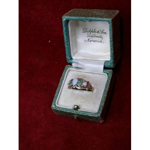 11 - A REALLY BEAUTIFUL 3 FIRE OPAL AND 4 EMERALDS SET IN 9ct GOLD RING. THESE OPALS ARE EXTREMELY GOOD B... 