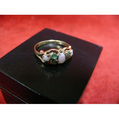 11 - A REALLY BEAUTIFUL 3 FIRE OPAL AND 4 EMERALDS SET IN 9ct GOLD RING. THESE OPALS ARE EXTREMELY GOOD B... 