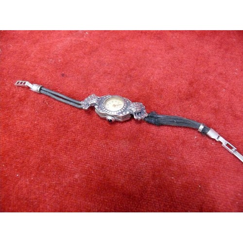 16 - A SOLID SILVER MARCASITE WATCH 1954 CHESTER BY ADMES GENEVE, SEEMS TO BE WORKING OK