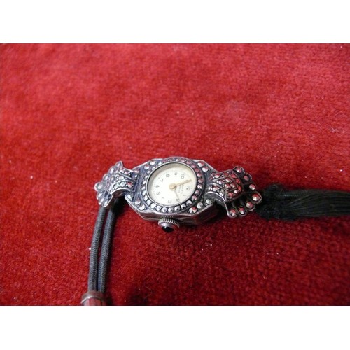 16 - A SOLID SILVER MARCASITE WATCH 1954 CHESTER BY ADMES GENEVE, SEEMS TO BE WORKING OK