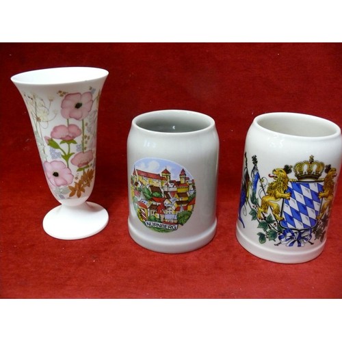 48 - 2 CHINA TANKARDS AND A WEDGEWOOD POTTERY VASE WITH FLOWERS AND A BOX