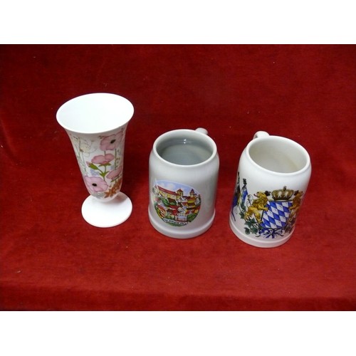 48 - 2 CHINA TANKARDS AND A WEDGEWOOD POTTERY VASE WITH FLOWERS AND A BOX