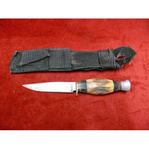 7 - A VINTAGE SHEATH KNIFE WITH ANTLER HILT AND SCABBARD SHARPENING STONE