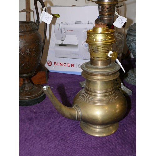 89 - A  NICE HEAVY BRASS OIL LAMP WITH  SPOUT