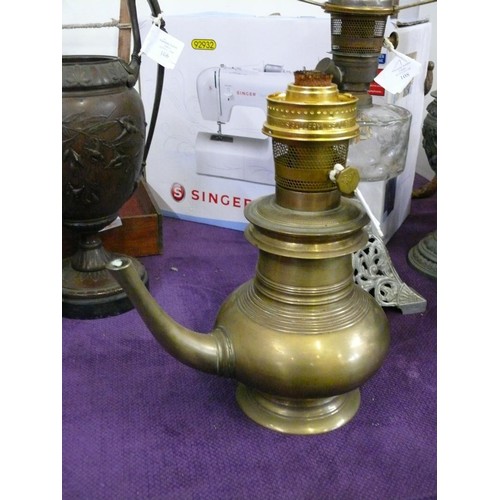 89 - A  NICE HEAVY BRASS OIL LAMP WITH  SPOUT