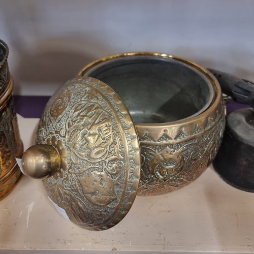 71 - 1960'S ORNATE BRASS LIDDED BOWL WITH LINER FROM BAGDAD, IRAQ