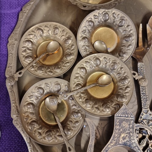 79 - ORNATE BRASS TRAY WITH BOWL AND NIPS SMALLBOWLS WITH SPOONS, 2 SERVERS AND A BRASS ASHTRAY