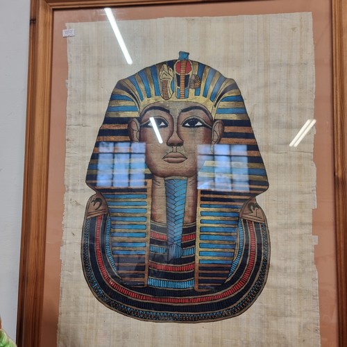 103 - 2 EGYPTIAN PAINTINGS ON PAPYRUS IN PINE FRAMES AND A LIMITED EDITION PRINT 348 OF 850 BY ANDREW ROBI... 