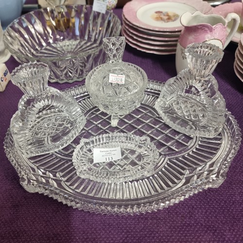 113 - A VERY NICE DRESSING TABLE SET IN CLEAR GLASS.