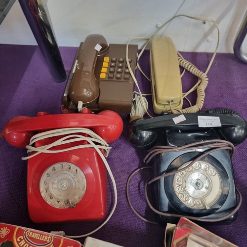 119 - 4 VINTAGE TELEPHONES IN VARIOUS COLOURS.