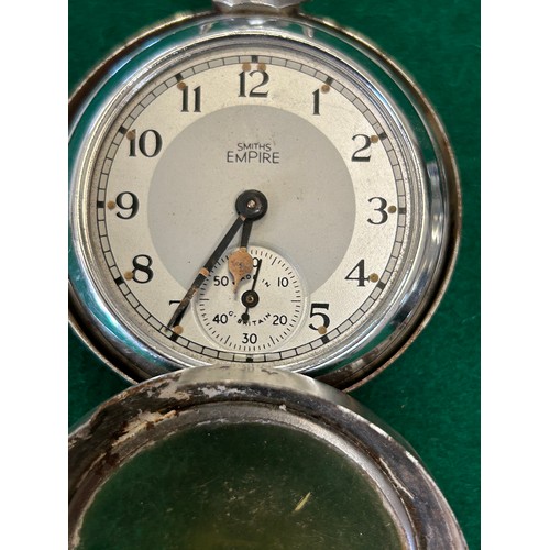 6 - A CIRCA 1930 SMITHS EMPIRE CHROME PLATED POCKET WATCH (MISSING GLASS) IN AN OUTER CASE (WITH GLASS) ... 