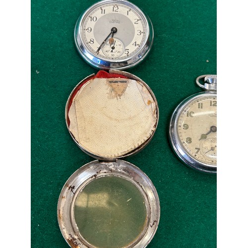 6 - A CIRCA 1930 SMITHS EMPIRE CHROME PLATED POCKET WATCH (MISSING GLASS) IN AN OUTER CASE (WITH GLASS) ... 