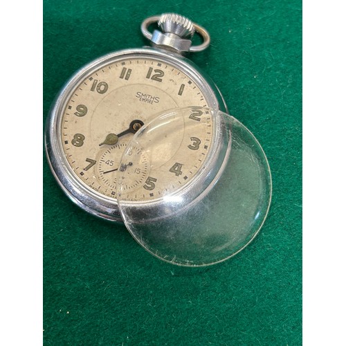 6 - A CIRCA 1930 SMITHS EMPIRE CHROME PLATED POCKET WATCH (MISSING GLASS) IN AN OUTER CASE (WITH GLASS) ... 