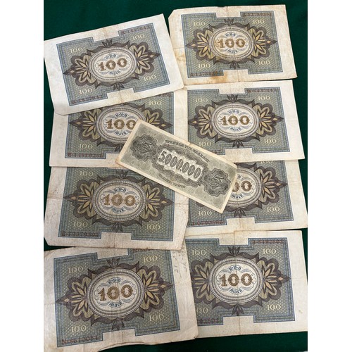 13 - 8 X GERMAN REICHSBANK 100 MARK NOTES - WEIMAR REPUBLIC (1918 TO 1933) AND A GREEK (GERMAN OCCUPATION... 