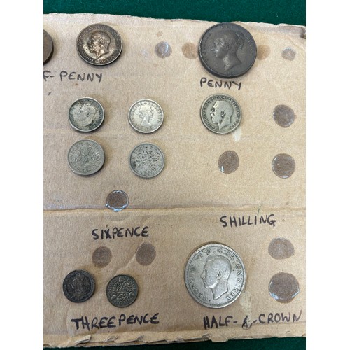 34 - COLLECTION OF BRITISH PRE DECIMAL COINS STUCK ONTO CARD TO INCLUDE AN 1853 PENNY, A VICTORIA JUBILEE... 