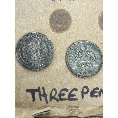 34 - COLLECTION OF BRITISH PRE DECIMAL COINS STUCK ONTO CARD TO INCLUDE AN 1853 PENNY, A VICTORIA JUBILEE... 