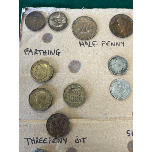 34 - COLLECTION OF BRITISH PRE DECIMAL COINS STUCK ONTO CARD TO INCLUDE AN 1853 PENNY, A VICTORIA JUBILEE... 