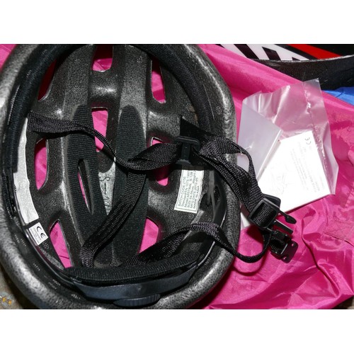 133 - CYCLING ACCESSORIES INCLUDING 2 HELMETS WITH PROTECTIVE CARRY BAGS, 2 BIKE LOCKS 2 SETS OF BIKE SPAN... 