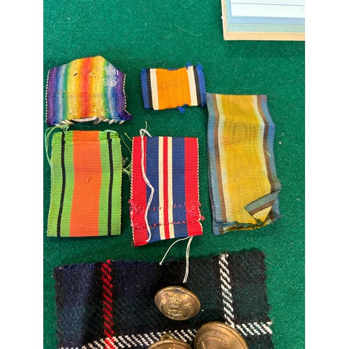 37 - 5 NORTHAMPTONSHIRE REGIMENT BRASS BUTTONS, AN R.A.F. BUTTON, AND MEDAL RIBBONS