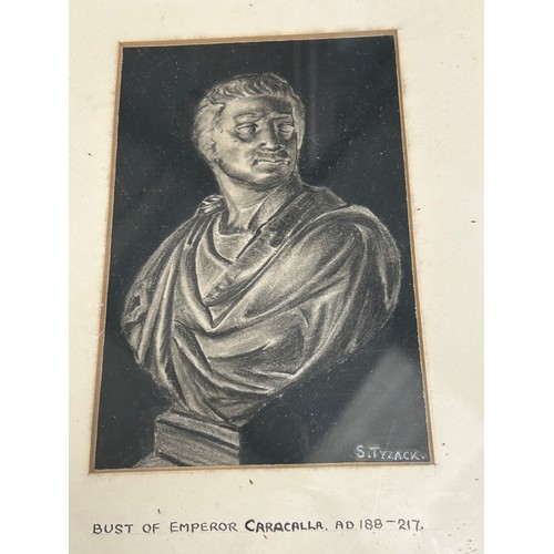 39 - TWO CHARCOAL DRAWINGS OF ROMAN EMPERORS - FRAMED AND GLAZED, BY S TYZACK, BUST OF JUILUS CAESAR DATE... 