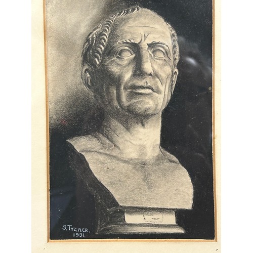 39 - TWO CHARCOAL DRAWINGS OF ROMAN EMPERORS - FRAMED AND GLAZED, BY S TYZACK, BUST OF JUILUS CAESAR DATE... 