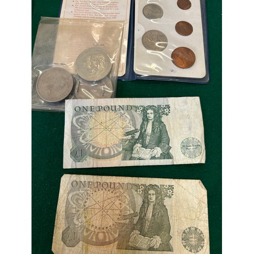 46 - TWO ONE POUND NOTES, DHF SOMERSET AND J B PAGE, A BRITAINS FIRST DECIMAL COIN SET, 2 1972 CROWNS AND... 