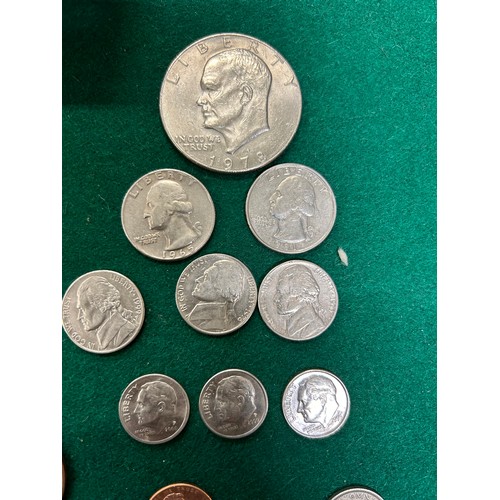 48 - TIN OF COINS TO INCLUDE A 1978 EISENHOWER LIBERTY DOLLAR, 2 QUARTER DOLLARS, BRITISH COINS 1908 PENN... 