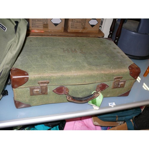 572 - VINTAGE GREEN CANVAS SUITCASE WITH THE INITIAL TMS AND A GREEN RUCKSACK