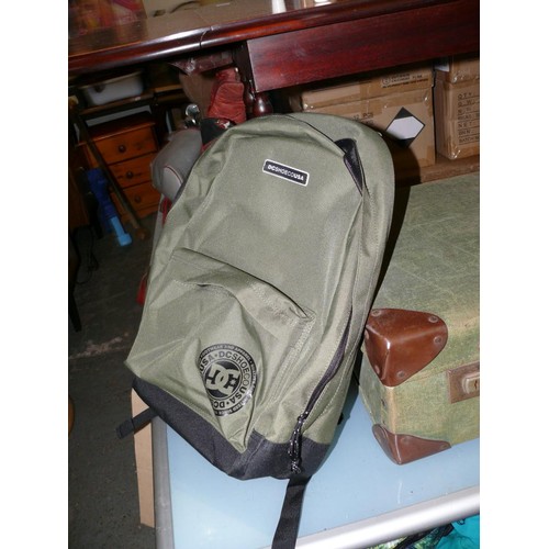 572 - VINTAGE GREEN CANVAS SUITCASE WITH THE INITIAL TMS AND A GREEN RUCKSACK