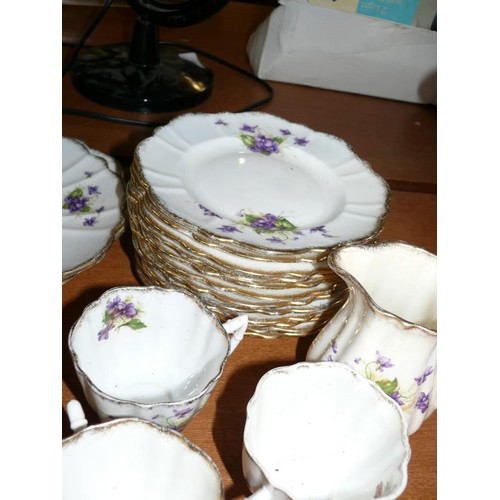 115 - A DELICATE CHINA PART DINNER SET ADORNED WITH VIOLETS, 2 PLATTERS, 12 TEA PLATES, 6 SAUCERS, 9 CUPS ... 