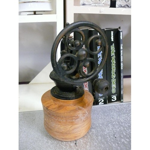 72 - CAST IRON COFFEE GRINDER ON WOODEN BASE