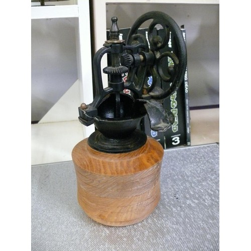 72 - CAST IRON COFFEE GRINDER ON WOODEN BASE